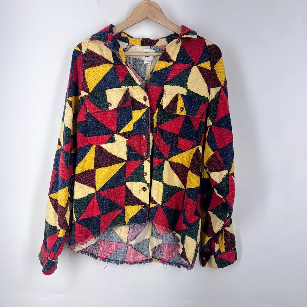 BDG Women XS Multicolor Geometric Triangle Cotton Button Down Shirt Raw Hem